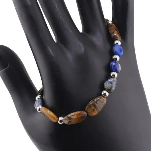Bratara Lapis Lazuli si Ochi de tigru neuniform cu bumbi argintii, 6-12mm, imagine 2