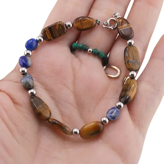 Bratara Lapis Lazuli si Ochi de tigru neuniform cu bumbi argintii, 6-12mm, imagine 3