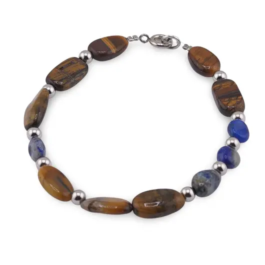Bratara Lapis Lazuli si Ochi de tigru neuniform cu bumbi argintii, 6-12mm