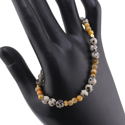 Bratara Ochi de tigru galben 4mm si Jasp dalmatian sfere 6mm cu elemente din Hematit auriu 3mm, imagine 2