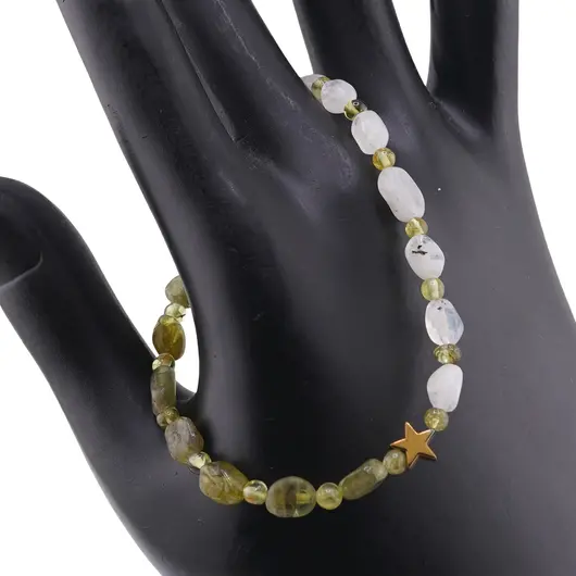 Bratara Peridot neuniform si sfere 3-6mm cu Piatra lunii neuniforma 6-8mm si steluta din Hematit auriu 6mm, imagine 2