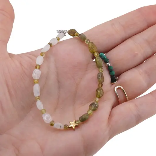 Bratara Peridot neuniform si sfere 3-6mm cu Piatra lunii neuniforma 6-8mm si steluta din Hematit auriu 6mm, imagine 3