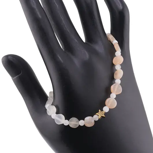 Bratara Piatra lunii piersica si gri banuti 5-6mm si Piatra Lunii alba sfere 4mm cu steluta din Hematit auriu 6mm, imagine 2