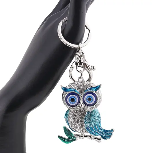 Breloc argintiu bufnita emailata cu aripi albastre si ochi protectori, 12cm, imagine 2