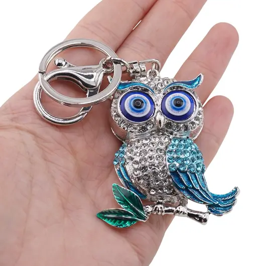 Breloc argintiu bufnita emailata cu aripi albastre si ochi protectori, 12cm, imagine 3