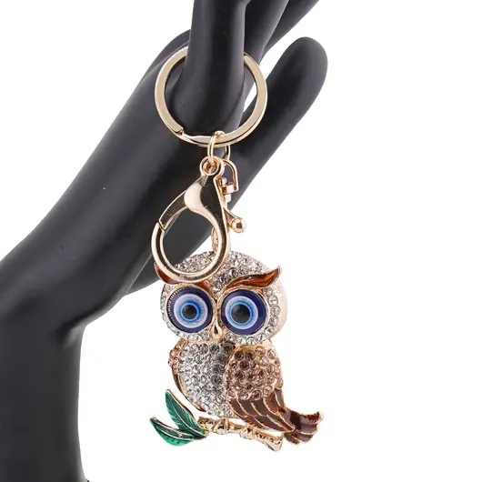 Breloc auriu bufnita emailata cu pene maro si ochi protectori, 12cm, imagine 2