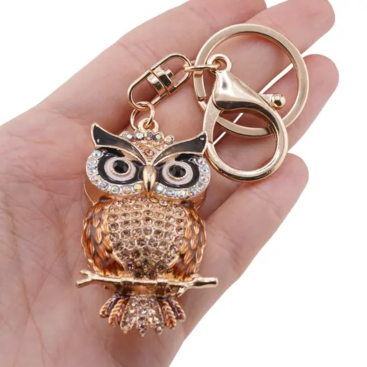 Breloc auriu bufnita emailata cu pene portocali si ochi protectori, 12cm, imagine 3