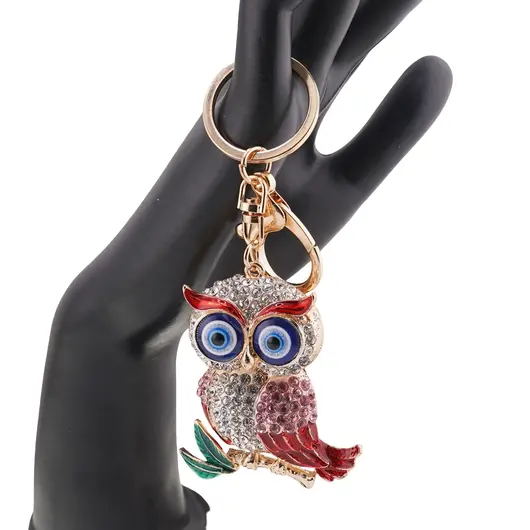 Breloc auriu bufnita emailata cu pene rosii si ochi protectori, 12cm, imagine 2
