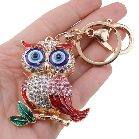 Breloc auriu bufnita emailata cu pene rosii si ochi protectori, 12cm, imagine 3