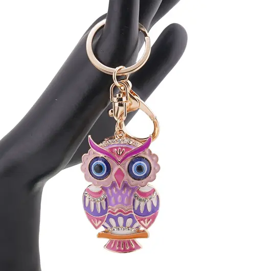 Breloc auriu bufnita emailata roz si ochi protectori, 12cm, imagine 2