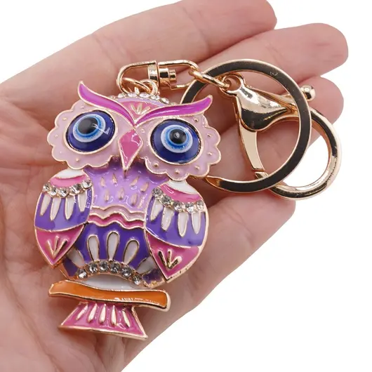 Breloc auriu bufnita emailata roz si ochi protectori, 12cm, imagine 3