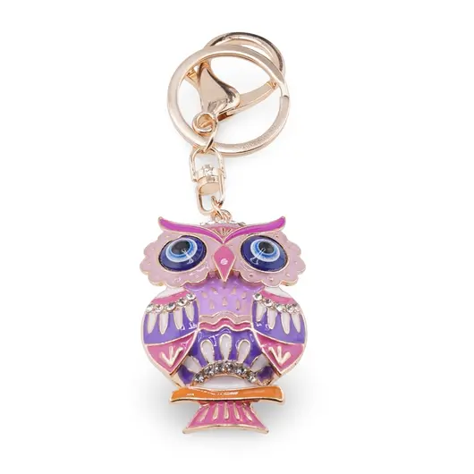 Breloc auriu bufnita emailata roz si ochi protectori, 12cm