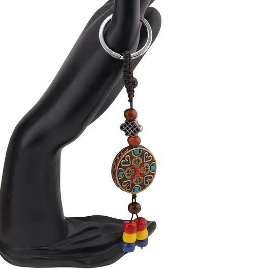 Breloc tibetan rotund cu model dublu dorje, margele rosii galbene albastre, 14cm, imagine 2