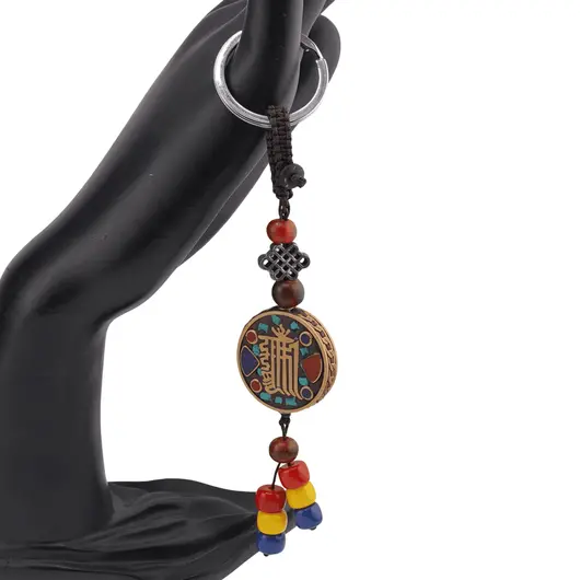 Breloc tibetan rotund cu model Kalachakra, margele rosii galbene albastre, 14cm, imagine 2