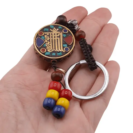 Breloc tibetan rotund cu model Kalachakra, margele rosii galbene albastre, 14cm, imagine 3