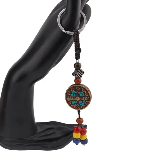 Breloc tibetan rotund cu model mantra, margele rosii galbene albastre, 14cm, imagine 2
