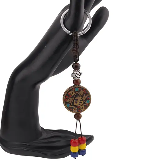 Breloc tibetan rotund cu model OM, margele rosii galbene albastre, 14cm, imagine 2