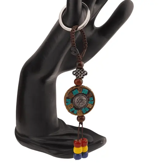 Breloc tibetan rotund cu model scoica argintie, margele rosii galbene albastre, 14cm, imagine 2