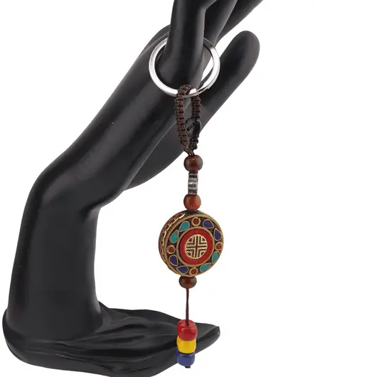 Breloc tibetan rotund cu model Shou, margele rosii galbene albastre, 14cm, imagine 2