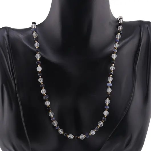 Colier Cristal de stanca sfere 6mm si Safir albastru discuri fatetate 4-8mm cu Hematit sfere fatetate 2mm, imagine 2