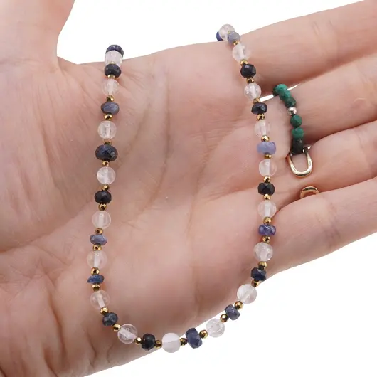 Colier Cristal de stanca sfere 6mm si Safir albastru discuri fatetate 4-8mm cu Hematit sfere fatetate 2mm, imagine 3