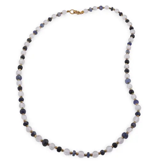 Colier Cristal de stanca sfere 6mm si Safir albastru discuri fatetate 4-8mm cu Hematit sfere fatetate 2mm
