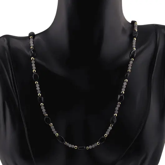 Colier Labradorit sfere 3mm, Granat neuniform 5-8mm si Hematit auriu cuburi 3mm cu bumbi aurii, imagine 2