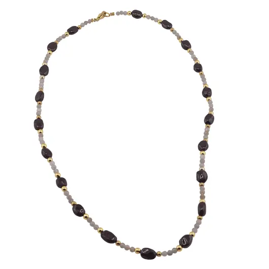Colier Labradorit sfere 3mm, Granat neuniform 5-8mm si Hematit auriu cuburi 3mm cu bumbi aurii