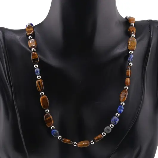 Colier Lapis Lazuli si Ochi de tigru neuniform cu bumbi argintii, 6-12mm, imagine 2