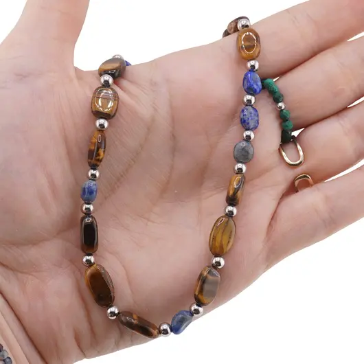 Colier Lapis Lazuli si Ochi de tigru neuniform cu bumbi argintii, 6-12mm, imagine 3