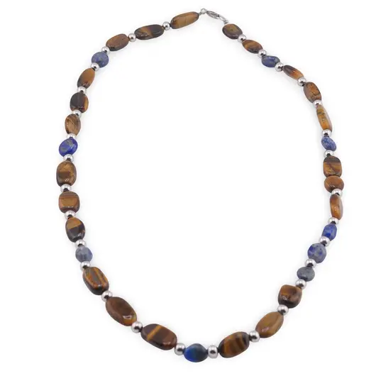 Colier Lapis Lazuli si Ochi de tigru neuniform cu bumbi argintii, 6-12mm