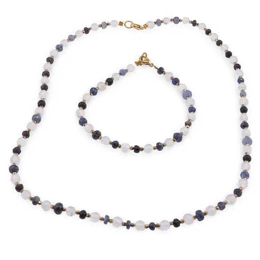 Set bratara si colier Cristal de stanca sfere 6mm si Safir albastru discuri fatetate 4-8mm cu Hematit sfere fatetate 2mm