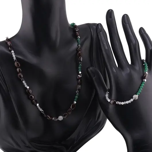 Set bratara si colier Granat neuniform 6-8mm, Piatra Lunii si Aventurin dark sfere 3-4mm, Hematit fatetat si sfera cu zirconii 6mm, imagine 2