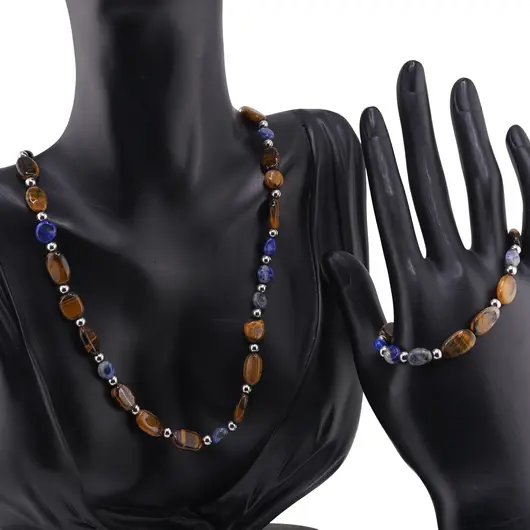 Set bratara si colier Lapis Lazuli si Ochi de tigru neuniform cu bumbi argintii, 6-12mm, imagine 2