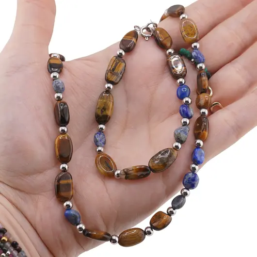 Set bratara si colier Lapis Lazuli si Ochi de tigru neuniform cu bumbi argintii, 6-12mm, imagine 3