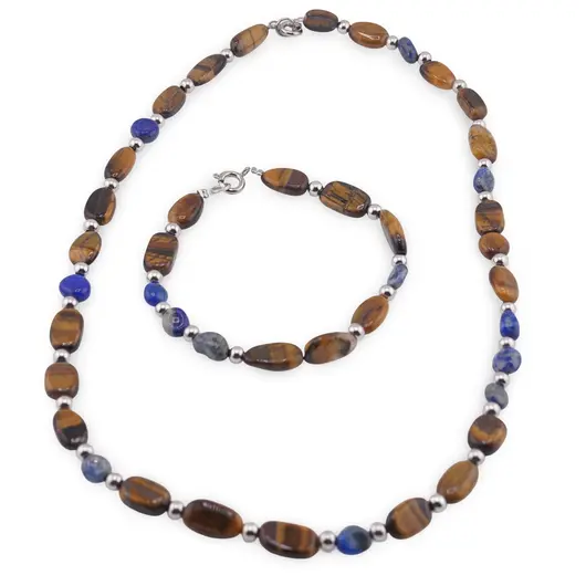 Set bratara si colier Lapis Lazuli si Ochi de tigru neuniform cu bumbi argintii, 6-12mm