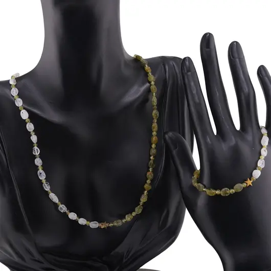 Set bratara si colier Peridot neuniform si sfere 3-6mm cu Piatra lunii neuniforma 6-8mm si steluta din Hematit auriu 6mm, imagine 2