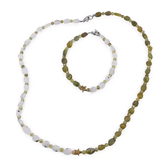 Set bratara si colier Peridot neuniform si sfere 3-6mm cu Piatra lunii neuniforma 6-8mm si steluta din Hematit auriu 6mm