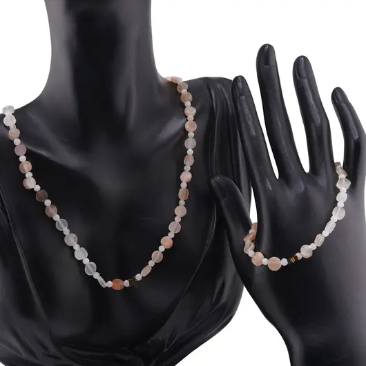Set bratara si colier Piatra lunii piersica si gri banuti 5-6mm si Piatra Lunii alba sfere 4mm cu steluta din Hematit auriu 6mm, imagine 2