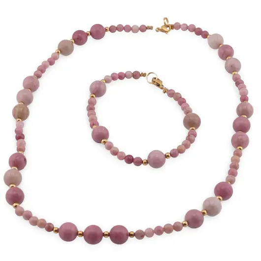 Set bratara si colier Rodonit roz sfere 4-8mm cu bumbi aurii