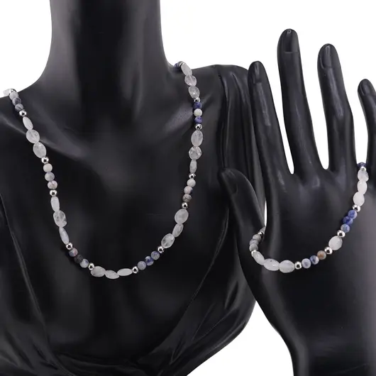 Set bratara si colier Sodalit sfere 4mm si Piatra Lunii neuniforma fatetata 6-10mm cu bumbi argintii, imagine 2