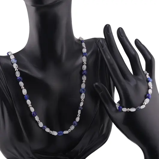 Set bratara si colier Sodalit si Piatra lunii neuniforma 6-8mm cu bumbi argintii, imagine 2