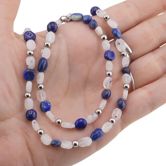 Set bratara si colier Sodalit si Piatra lunii neuniforma 6-8mm cu bumbi argintii, imagine 3