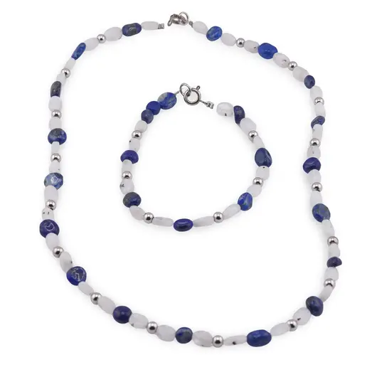Set bratara si colier Sodalit si Piatra lunii neuniforma 6-8mm cu bumbi argintii