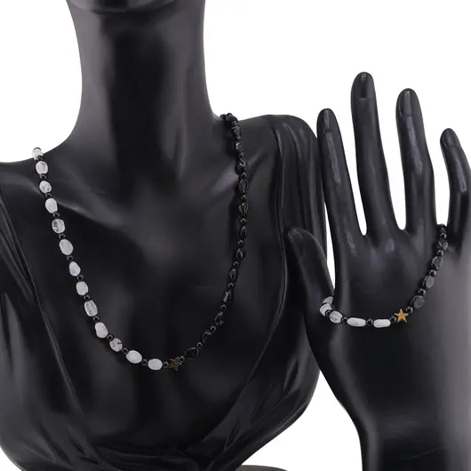 Set bratara si colier Turmalina neagra sfere si neuniforma 3-7mm si Piatra Lunii neuniforma 5-7mm cu steluta din Hematit auriu 6mm, imagine 2
