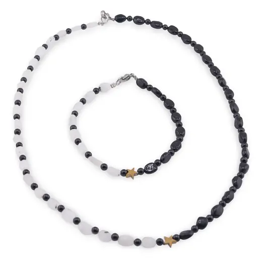 Set bratara si colier Turmalina neagra sfere si neuniforma 3-7mm si Piatra Lunii neuniforma 5-7mm cu steluta din Hematit auriu 6mm
