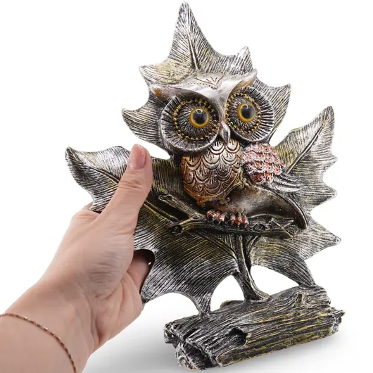 Statueta bufnita argintie pe frunza decorativa, 24cm, imagine 3