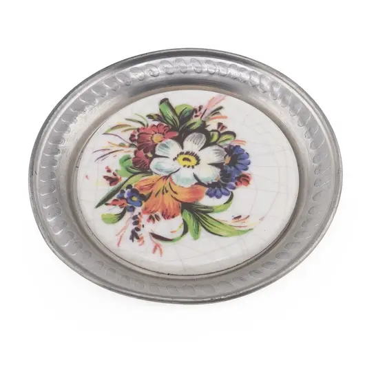 Suport pahar vintage din metal cu insertie flori colorate, 8,5cm