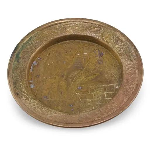 Tava vintage rotunda din alama gravata, model egiptean, 9,5cm