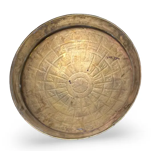 Tava vintage din alama gravata, model ornamental circular, 39cm, imagine 2